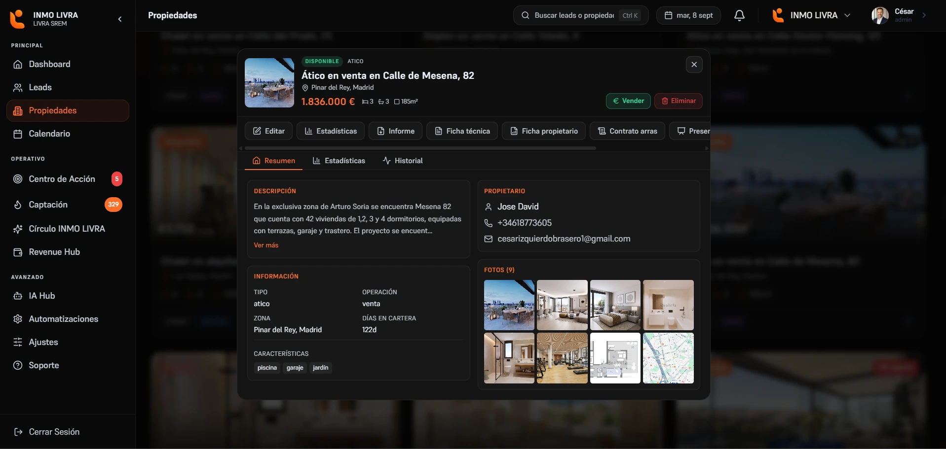 Ficha de un inmueble en Livra: descripción, datos del propietario y galería, con los botones para generar el informe, la ficha técnica, la ficha del propietario, el contrato de arras y la presentación.